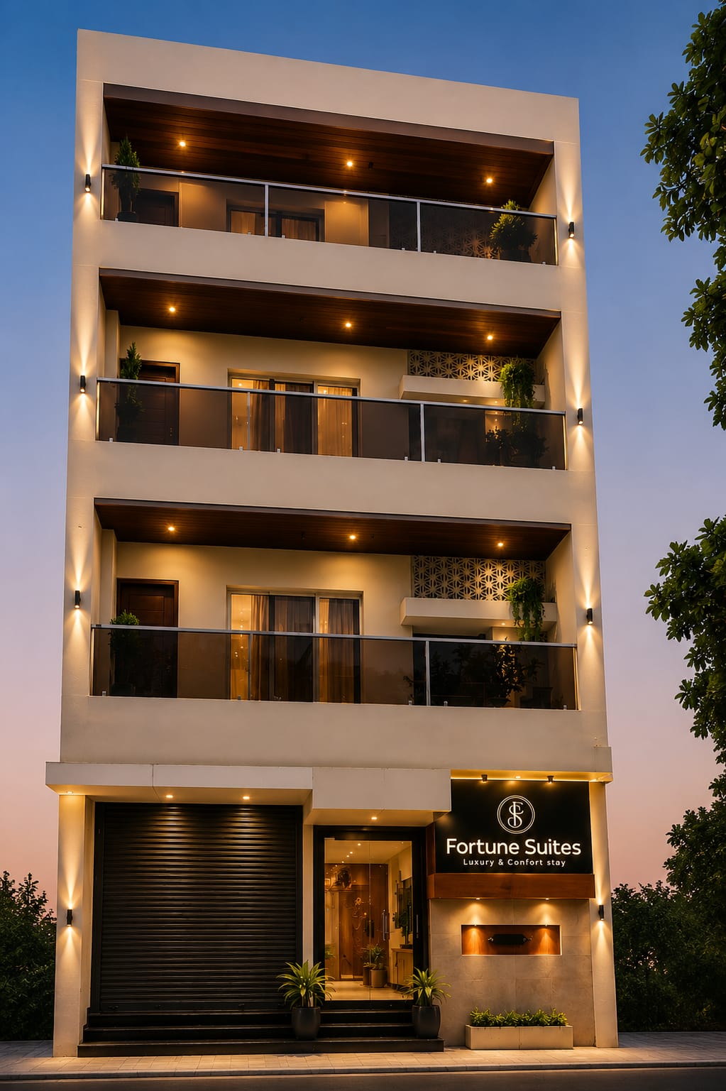 Fortune Suites building facade at dusk
