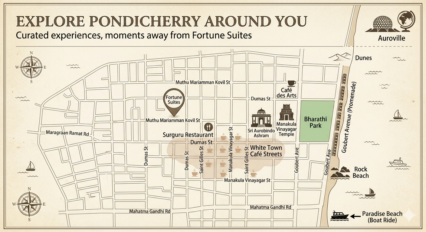 Map of attractions near Fortune Suites, White Town, Pondicherry